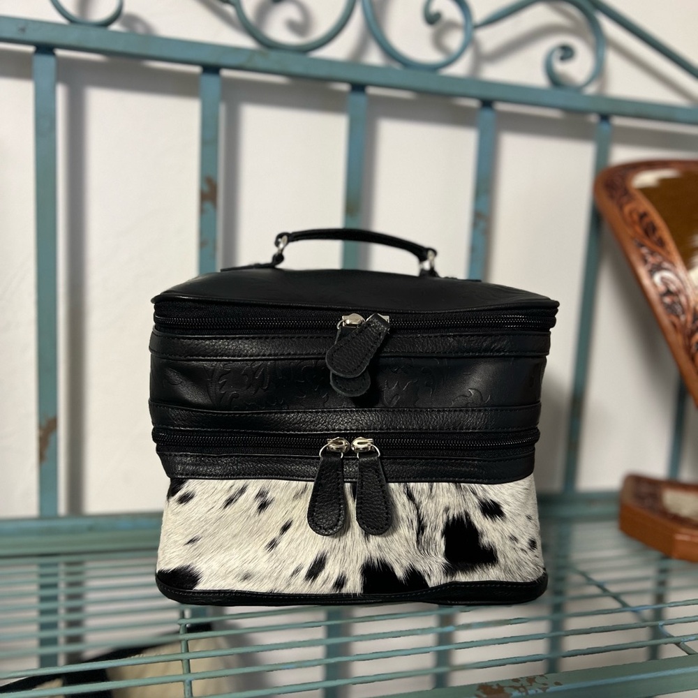 Black White Genuine Cowhide Embossed Leather Makeup Bag Travel Cosmetic Case - Picture 5 of 16